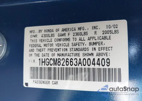 2003 Honda Accord 3.0 Ex из США, поврежденный, VIN 1HGCM82663A004409